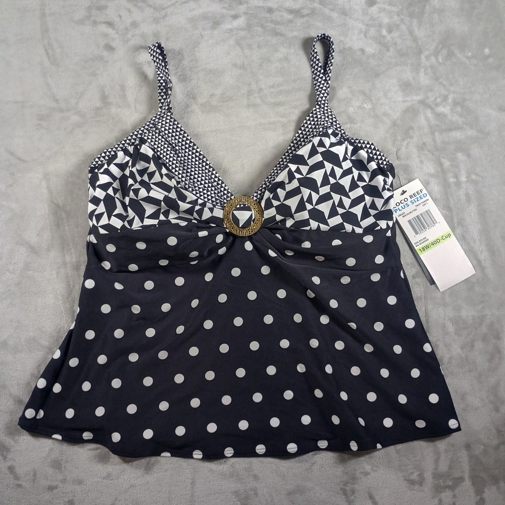 Coco Reef Tankini Top Womens 18W 40D Black Polka Dot Geometric Twist Retro
